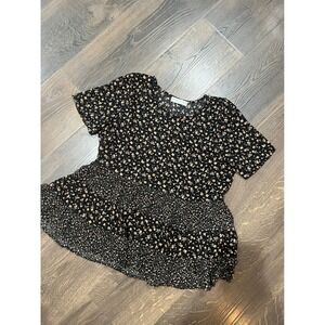 Paper Crane Floral Smocked Peplum Top Blouse Short Sleeve Black Small